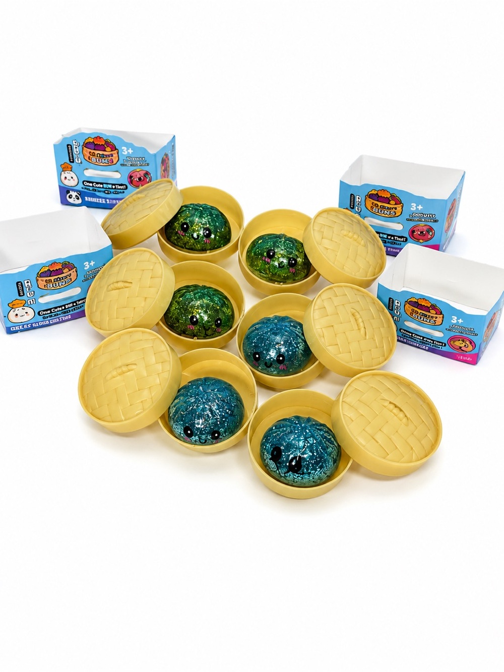 NEW Glitter Squishy Bun Mystery Capsules Bundle of 6 Kawaii Sensory Fidget Toys